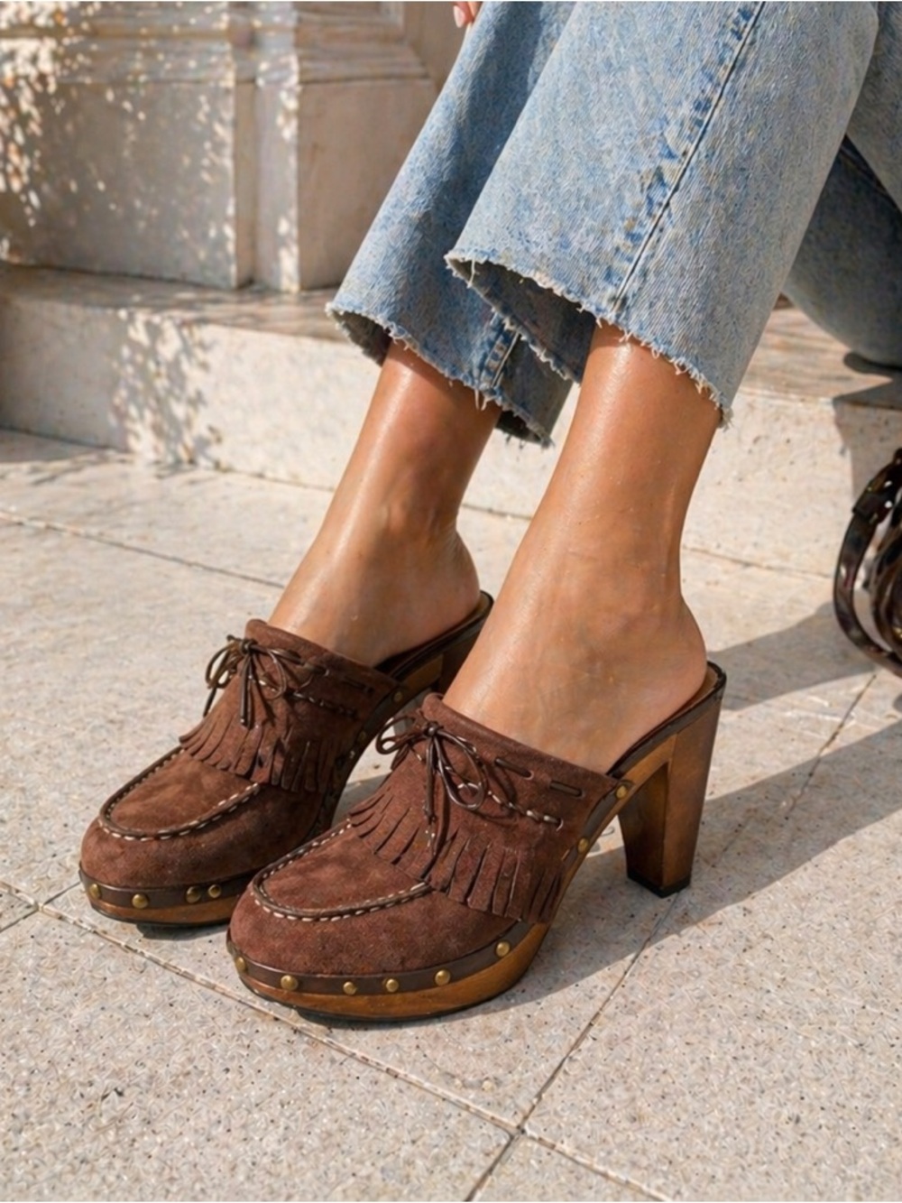 LEI Vintage Y2K 90s Platform Mule Heels Size 10 Brown Fringe Studded Boho Indie